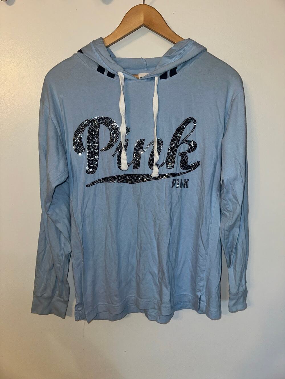 Victoria’s Secret PINK Blue Sequin Logo Lightweight Hoodie Top Small